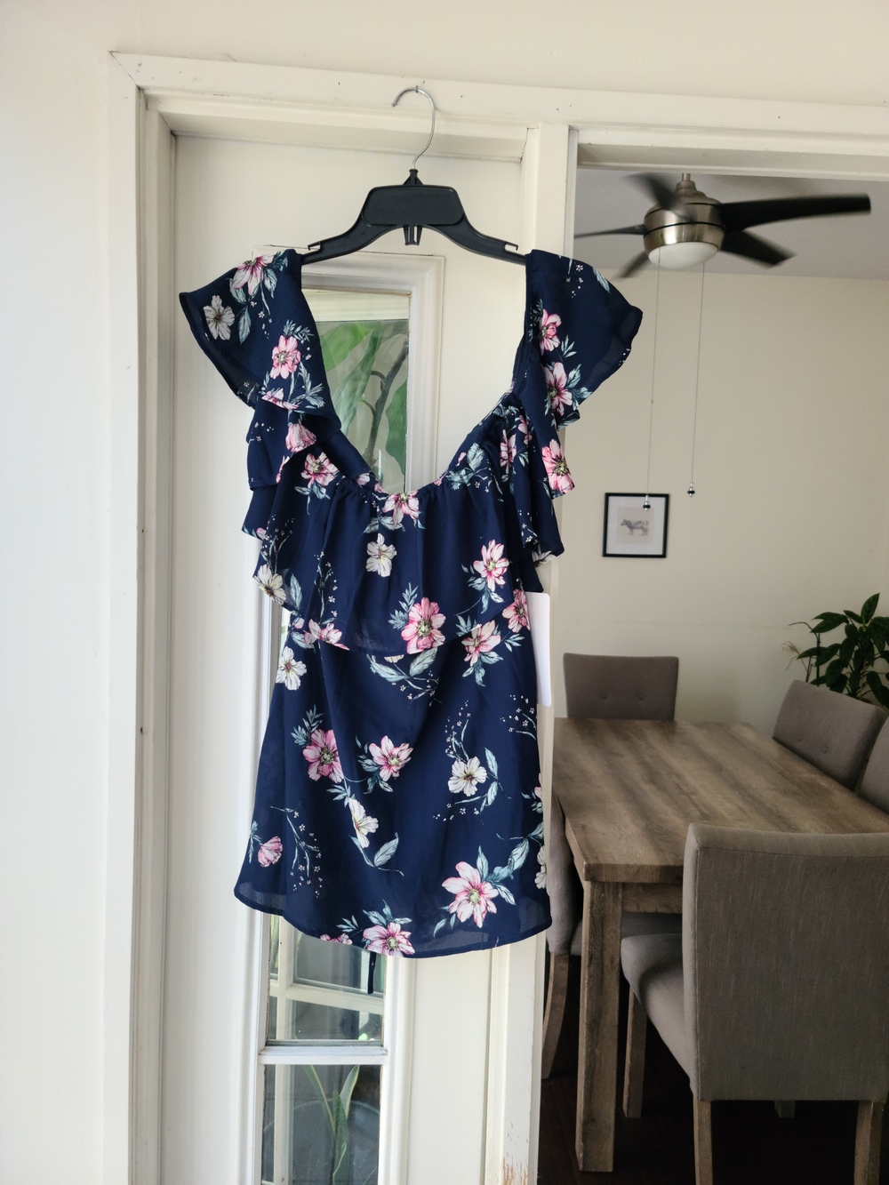 Love Tree Navy Floral Ruffle Off-Shoulder Blouse